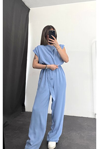nona butik Padded Crepe Jumpsuit - Blue