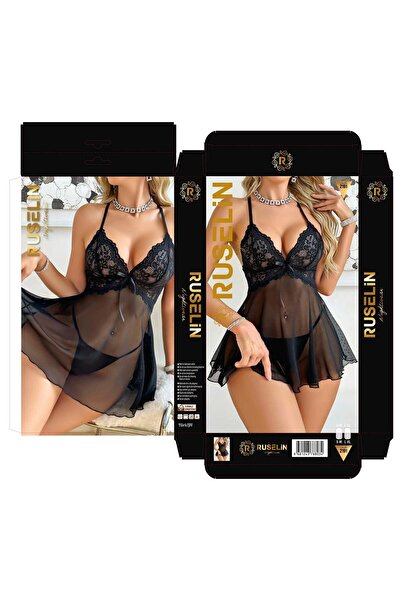 Modaley Giyim Dantel Detaylı Şık Kadın Gecelik Siyah 7