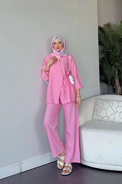 Vent Kadın Yandan Bağlamalı Düğmeli Gömlek ve Bol Paça Pantolon