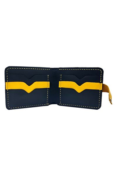Natty Pell Men's Handmade Wallet in Leather with Snap, Black with Yellow Thread - NTPV2NG