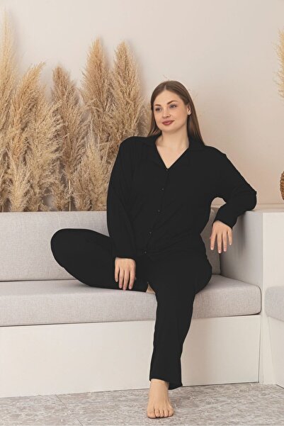 Temporium Women's Black Large Size Buttoned Long Sleeve Bamboo Pajamas Set