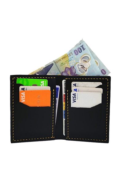 Natty Pell Men's Slim Wallet Natty Pell in Black Leather, 8 Card Slots, Cash Compartment, Handmade