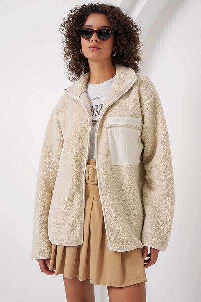 Bigdart Zippered Oversize Plush Cream Women's Jacket 55446