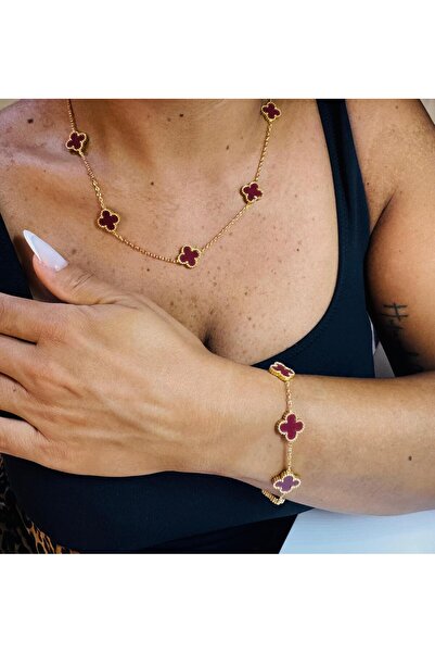 livaz accessories Çelik Kadın Bordo Yonca Set