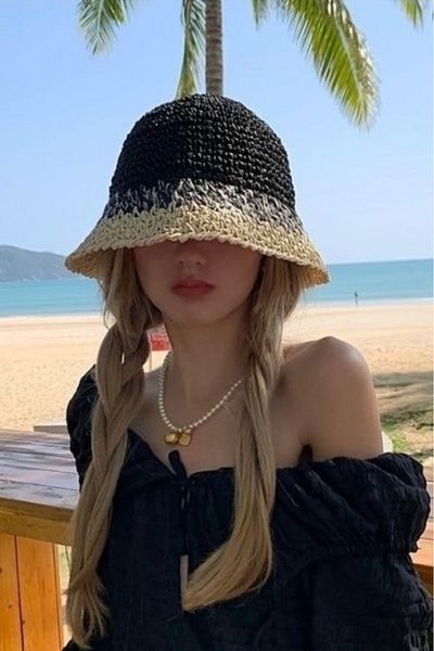 keisy Hand Knitted Straw Premium Black Bucket Hat