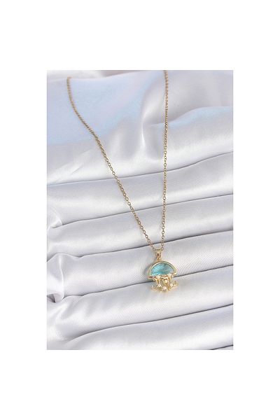 Clariss 316L Steel Gold Color Blue Stone Jellyfish Model Pearl Detail Women's Necklace
