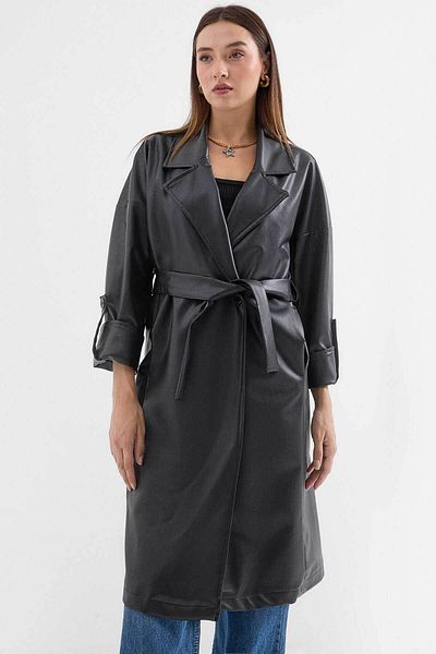 Bigdart Faux Leather Black Women's Trench Coat 1034