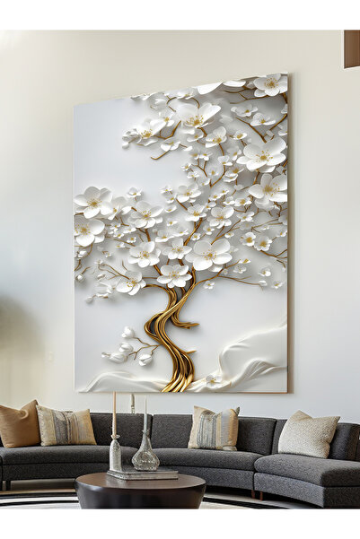 ESLEM ALTIN DESENLİ BEYAZ ÇİÇEK AĞAÇ KANVAS TABLO