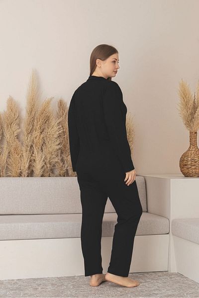 Temporium Women's Black Large Size Buttoned Long Sleeve Bamboo Pajamas Set