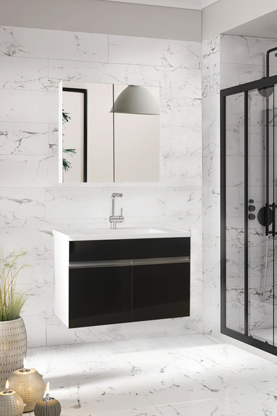 Alfa Banyo Visen Ea 80 cm Beyaz-siyah Seramik Lavabolu Banyo Dolabı Takımı Komple Mdf, Hazır Kurulu