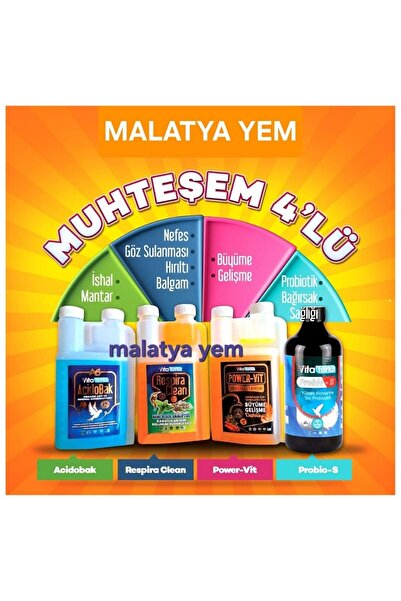 MALATYAYEM 4'lü Kanatlı Bakım Seti – Hırıltı, İshal, Probiyotik ve Vitamin Takviyesi (4x500 mL)