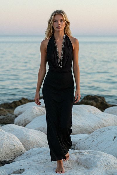 Trendyol Collection Black Degaje Neckline Shiny Stone Detailed Knitted Stylish Evening Dress Tprss25Ae00004