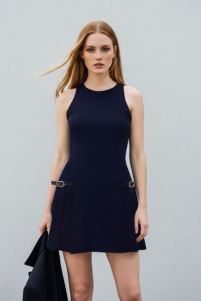 Trendyol Collection Темно-синя ткана міні-сукня А-силуету з плісированою спідницею та поясом TWOSS25EL00246