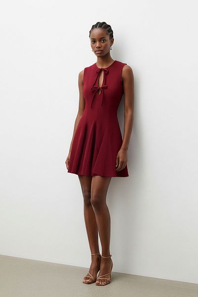 Trendyol Collection Fusta dreaptă burgundă, cu detaliu de legare la talie, rochie mini țesătă TWOSS25EL00747