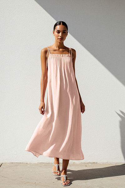Trendyol Collection Πούδρα με φαρδιά κοπή δέσιμο στους ώμους Maxi υφαντό φόρεμα TWOSS25EL00021