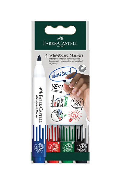 Faber Castell W20 Beyaz Tahta Kalemi 4'lü Set,Siyah, Kırmızı, Mavi, Yeşil,Silinebilir ve Doldurulabilir
