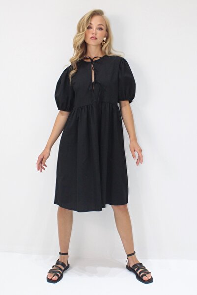 Trend Alaçatı Stili Dámské černé šaty s výstřihem na zavazování Detailní melounový rukáv Bidi Boy Poplin Dress ALC-X14222