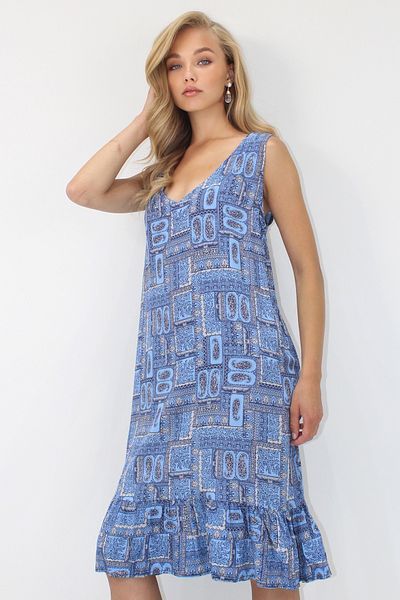 Trend Alaçatı Stili Women's Blue V-Neck Skirt Ruffled a Form Woven Viscose Comfortable Fit Dress Alc-X14206