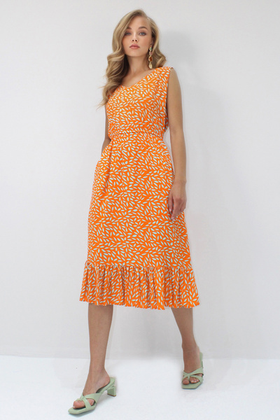 Trend Alaçatı Stili Дамска оранжева рокля от вискоза с V-образно деколте отпр...