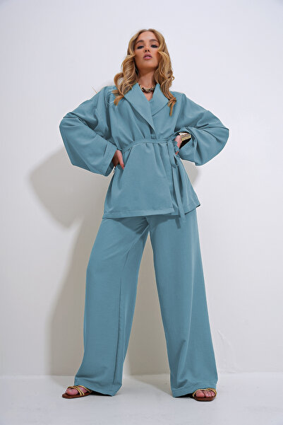 Trend Alaçatı Stili Damska marynarka w kolorze miętowej zieleni z marszczeniami, dół i góra ALC-X12433