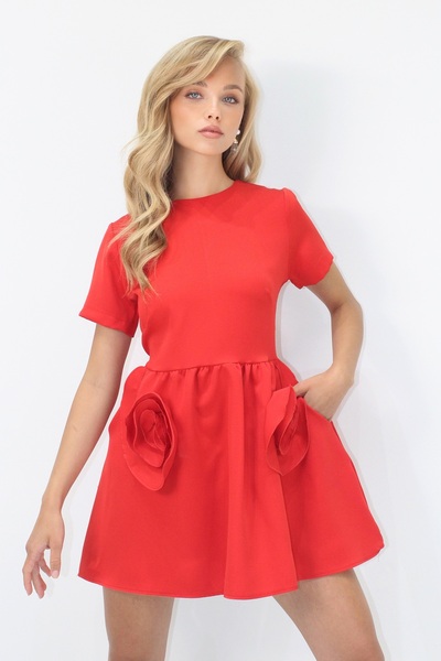 Trend Alaçatı Stili Női piros zsebes részletezett hátul cipzáras rövid ujjú szőtt ruha ALC-X14230