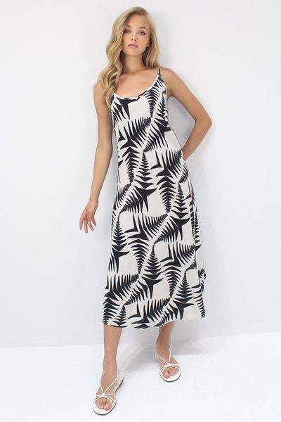 Trend Alaçatı Stili Women's Ecru Black Rope Strap Multicolor Midi Length Woven Viscose Dress Alc-X14197