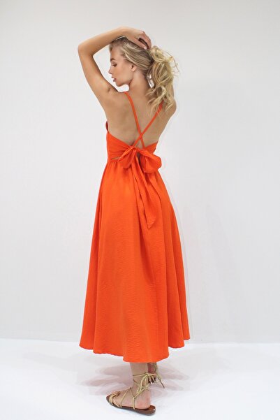 Trend Alaçatı Stili Damska pomarańczowa sukienka letnia z wiązaniem na plecach i długimi rękawami ALC-X13471