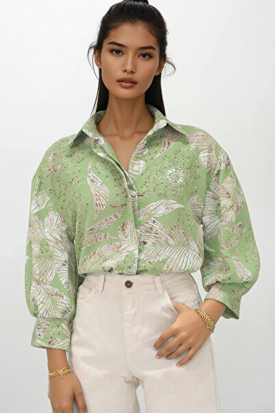 Trend Alaçatı Stili Női zöld mintás léggömb ujjú rejtett gombos ing ALC-X14184