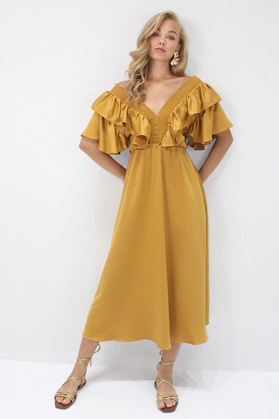 Trend Alaçatı Stili Rochie țesută de damă cu guler de muștar și talie cu volan și centură ALC-X8559