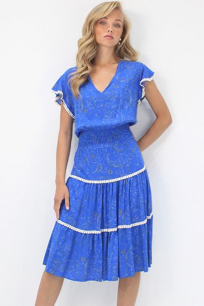 Trend Alaçatı Stili Women's Saks V-Neck Ethnic Patterned Fisto Detailed Waist Gipeli Woven Dress Alc-X14094