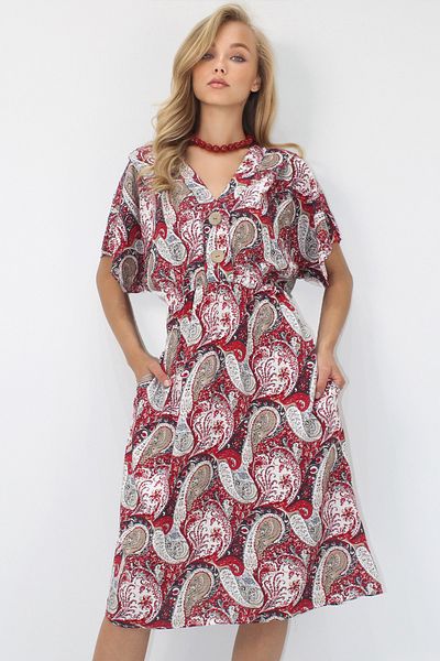 Trend Alaçatı Stili Women's Red Front Back V Neck Coconut Button Double Pocket Patterned Woven Viscose Dress Alc-X14205