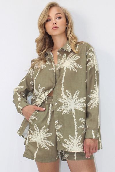 Trend Alaçatı Stili Women's Khaki Patterned Flared Linen Shirt and Double Pocket Shorts Set Alc-X14209