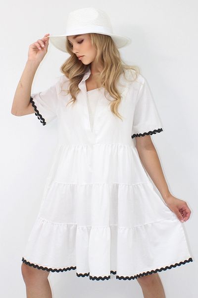 Trend Alaçatı Stili Rochie de plajă albă pentru femei, cu nasturi, cu volan, țesut, ALC-X14237