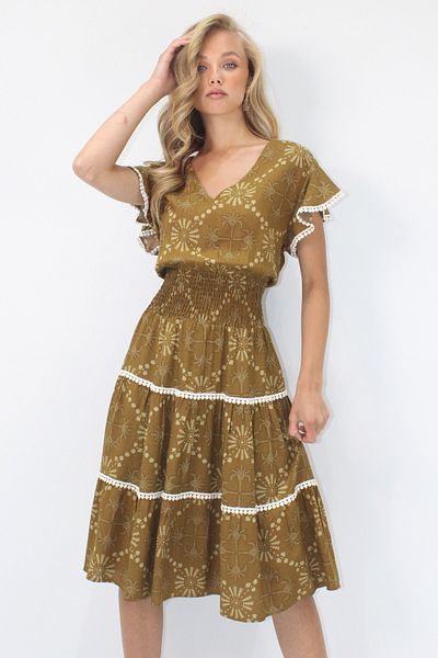 Trend Alaçatı Stili Women's Oil Green V-Neck Ethnic Patterned Fisto Detailed Waist Gipeli Woven Dress Alc-X14094