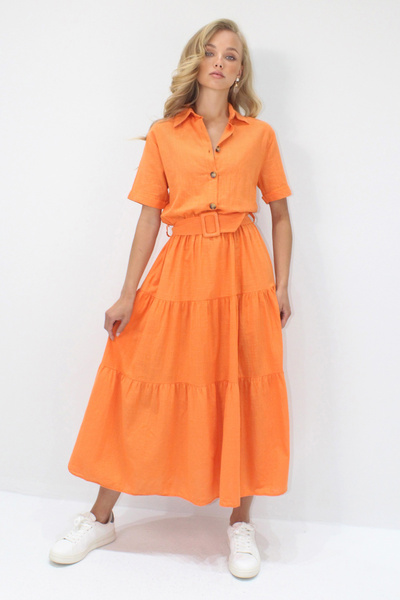 Trend Alaçatı Stili Cămașă portocalie pentru femei, cu guler, cu centură, rochie maxi lungă de in ALC-X14223