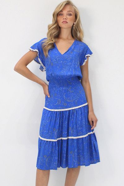 Trend Alaçatı Stili Women's Saks V-Neck Ethnic Patterned Fisto Detailed Waist Gipeli Woven Dress Alc-X14094