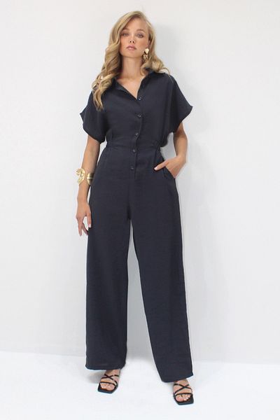 Trend Alaçatı Stili Women's Black Shirt Collar Button Double Pocket Tensel Fabric Jumpsuit Alc-X14211
