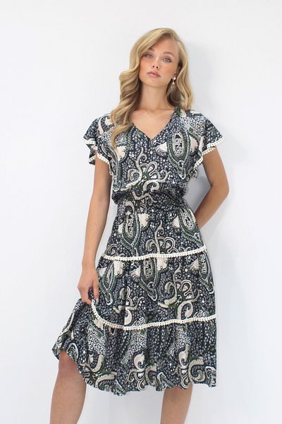Trend Alaçatı Stili Women's Khaki V-Neck Ethnic Patterned Fisto Detailed Waist Gipeli Woven Dress Alc-X14094