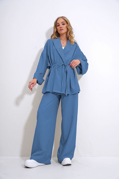 Trend Alaçatı Stili Women's Indigo Blue Wrinkled Look Blazer Jacket Bottom Top Suit Alc-X12433