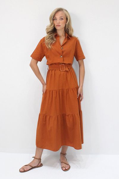 Trend Alaçatı Stili Cămașă pentru femei, cu guler, cu centură, rochie maxi din in ALC-X14223