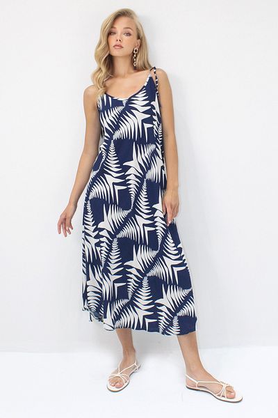 Trend Alaçatı Stili Women's Navy Blue Rope Strap Multicolor Midi Length Woven Viscose Dress Alc-X14197