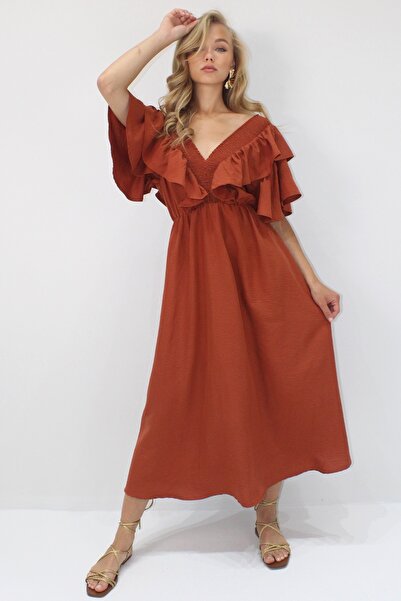 Trend Alaçatı Stili Women's Tile Collar Gipeli and Flounced Waist Belted Midiboy Woven Dress Alc-X8559