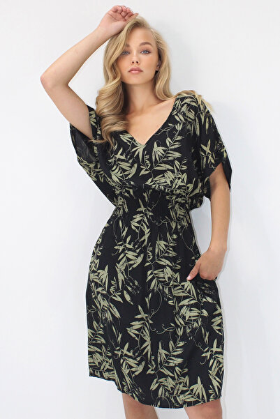 Trend Alaçatı Stili Γυναικείο φόρεμα από βισκόζη με μοτίβο με διπλή τσέπη με λαιμόκοψη V ALC-X14201