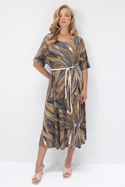 Trend Alaçatı Stili Γυναικείο φόρεμα με μοτίβο καμπάνας καφέ γάλακτος με μοτίβο μίντι μήκους άνετο φόρεμα βισκόζης ALC-X14208