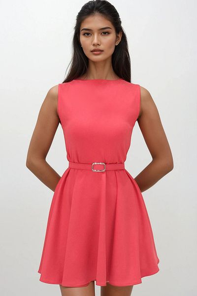 Trend Alaçatı Stili Women's Pomegranate Flower Boat Neck Self Belt Sleeveless Flared Mini Dress Alc-X14187