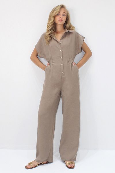 Trend Alaçatı Stili Damen-Overall aus Milchkaffee-Stoff mit Hemdkragen und Knöpfen, Doppeltaschen, Tensel-Stoff, ALC-X14211