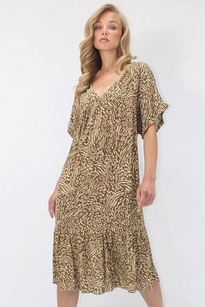 Trend Alaçatı Stili Women's Brown-Beige V-Neck Double Pocket Woven Viscose Dress Alc-X14196