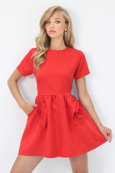 Trend Alaçatı Stili Női piros zsebes részletezett hátul cipzáras rövid ujjú szőtt ruha ALC-X14230