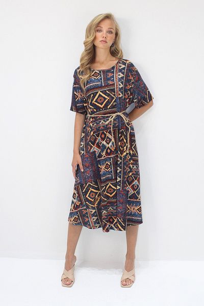 Trend Alaçatı Stili Women's Navy Blue Boat Neck Patterned Midi Length Comfortable Fit Viscose Dress Alc-X14208