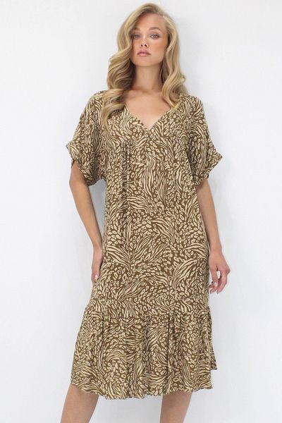 Trend Alaçatı Stili Women's Brown-Beige V-Neck Double Pocket Woven Viscose Dress Alc-X14196